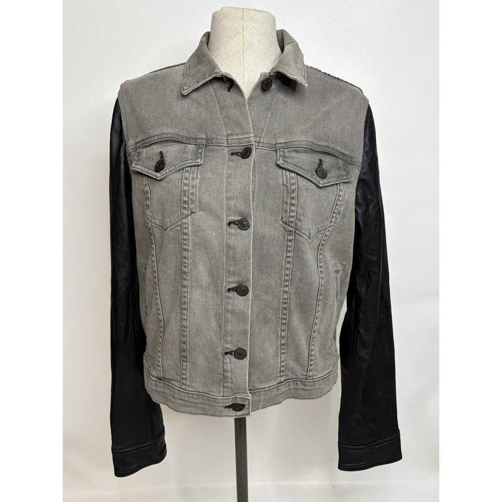 Rag & Bone JEAN Mixed Media Denim Leather Sleeve Jacket Grey Black W1402K302 L - Picture 2 of 9